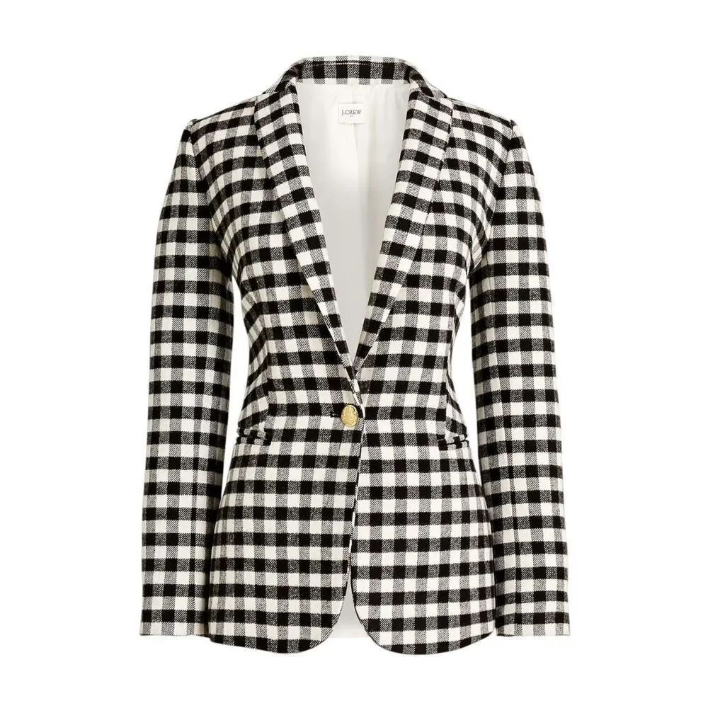 J. Crew Wool-blend one-button blazer Buffalo Check Style BB394 Sz 00 Ivory Black
